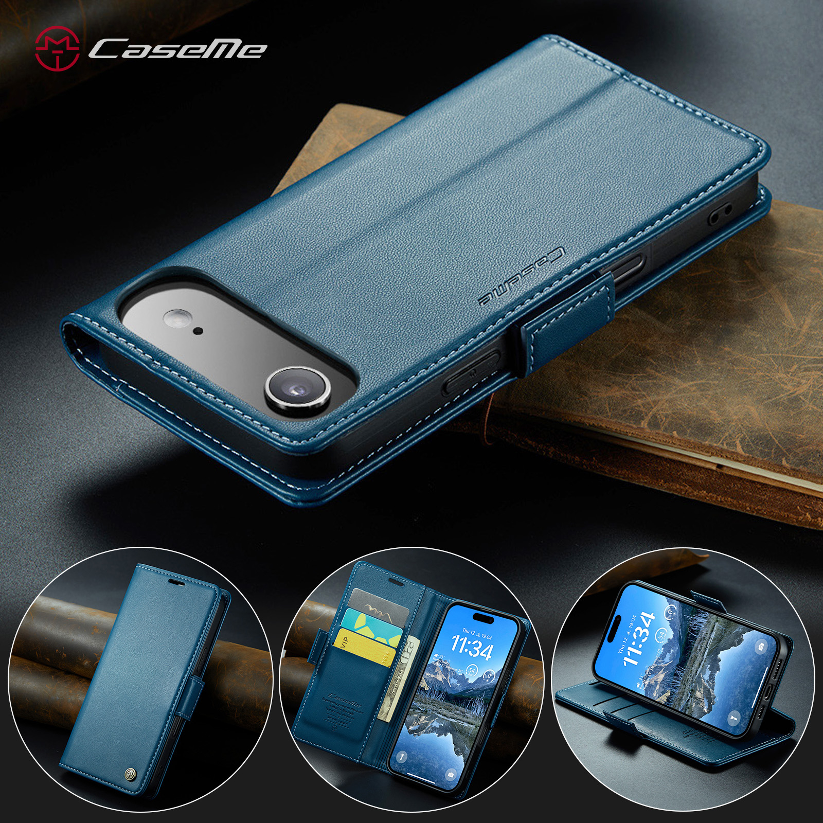 iPhone Air Leder Tasche Flip Wallet Etui mit Kartenfächern Litchi Look (RFID Schutz) - Blaugrün
