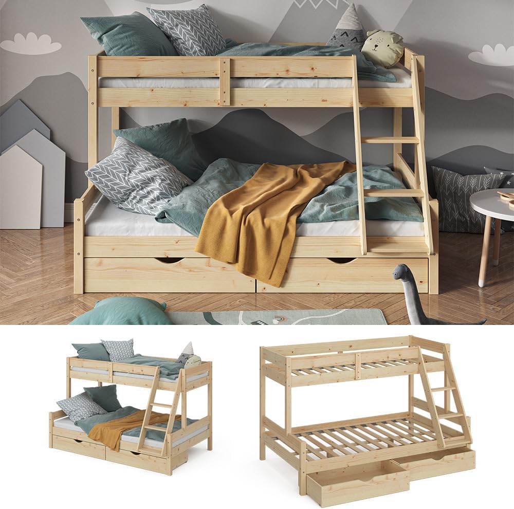 Etagenbett 120x200 / 80x200 cm Everest mit Schubladen - Naturholz 208x131x139 cm aus Holz - Bett für Kinder & Gäste, inklusive Lattenroste