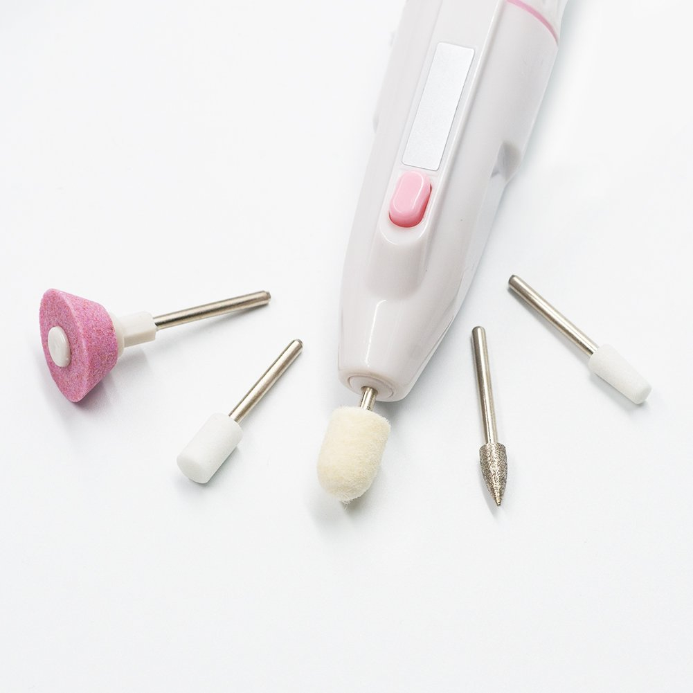 (5in1) Elektrische Nagelfräse Nagelpflege Polierwerkzeug Maniküre Pediküre (Batteriebetrieben) - Weiss / Rosa