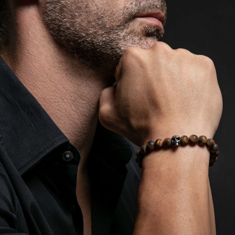 Bracelet Boules oeil De Tigre Pierres Naturelles Tête De Mort-Large-20cm