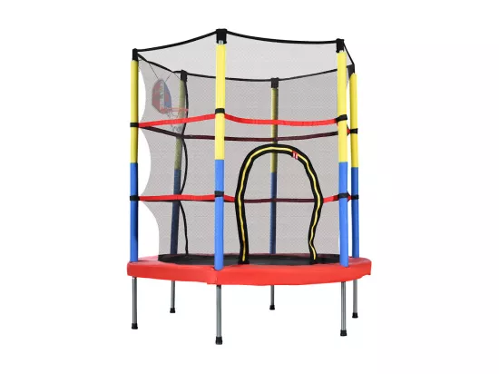 Trampoline de jardin rond en acier - 140cm - avec panier de basket et 2 balles de panier - charge max 45kg - 3 à 6 ans