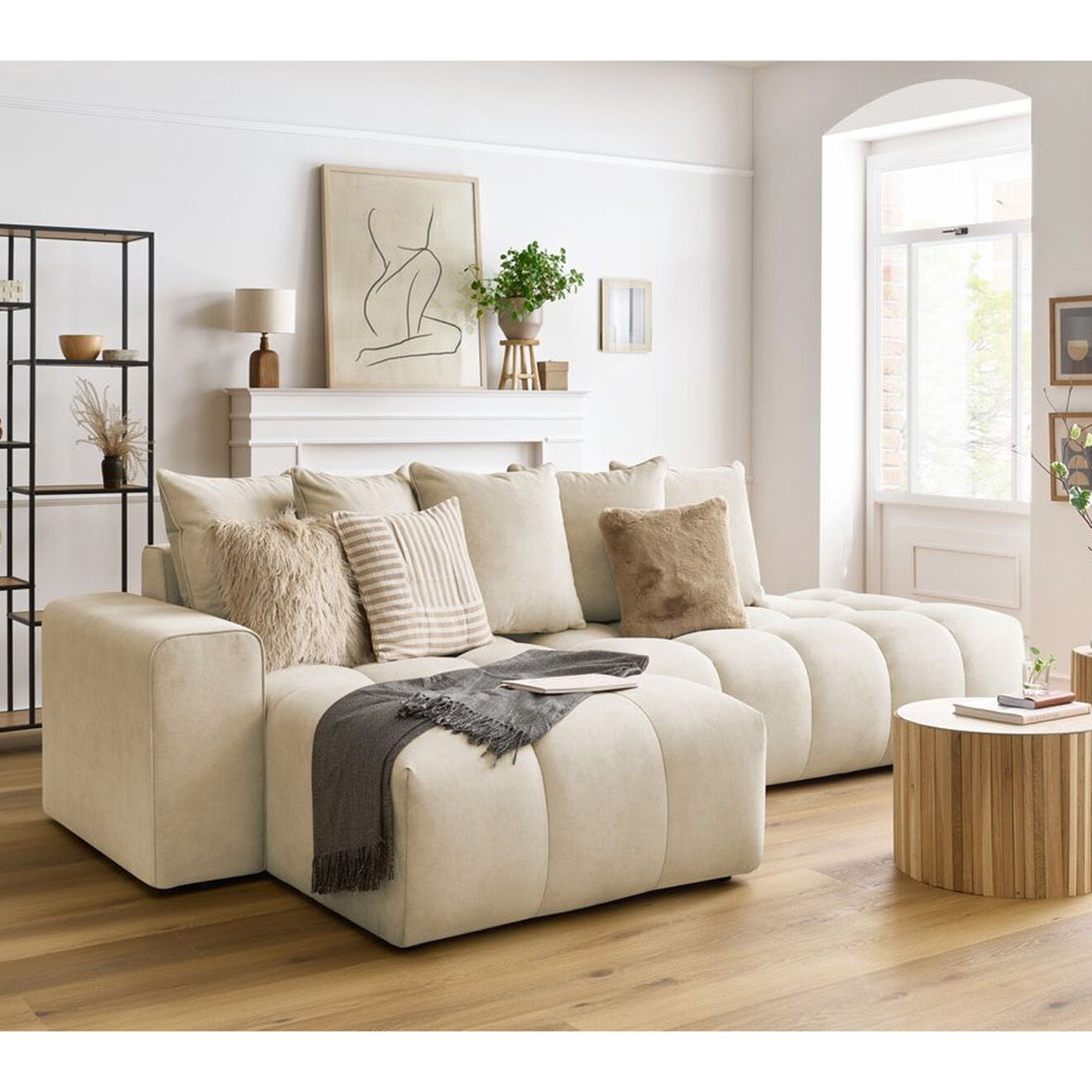 Bobochic Canapé d'angle fixe mont-blanc velours angle gauche beige - 313x176x97 cm