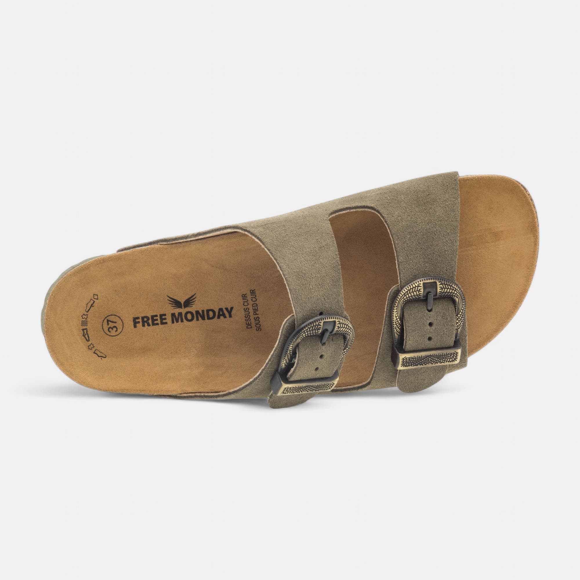 Mules semelle liège Femme en cuir kaki