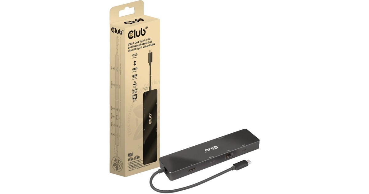 Club 3DUSB-C 3.2 Gen2 6-in-1 Dual displays Portable dock dockingstation  (Zwart)