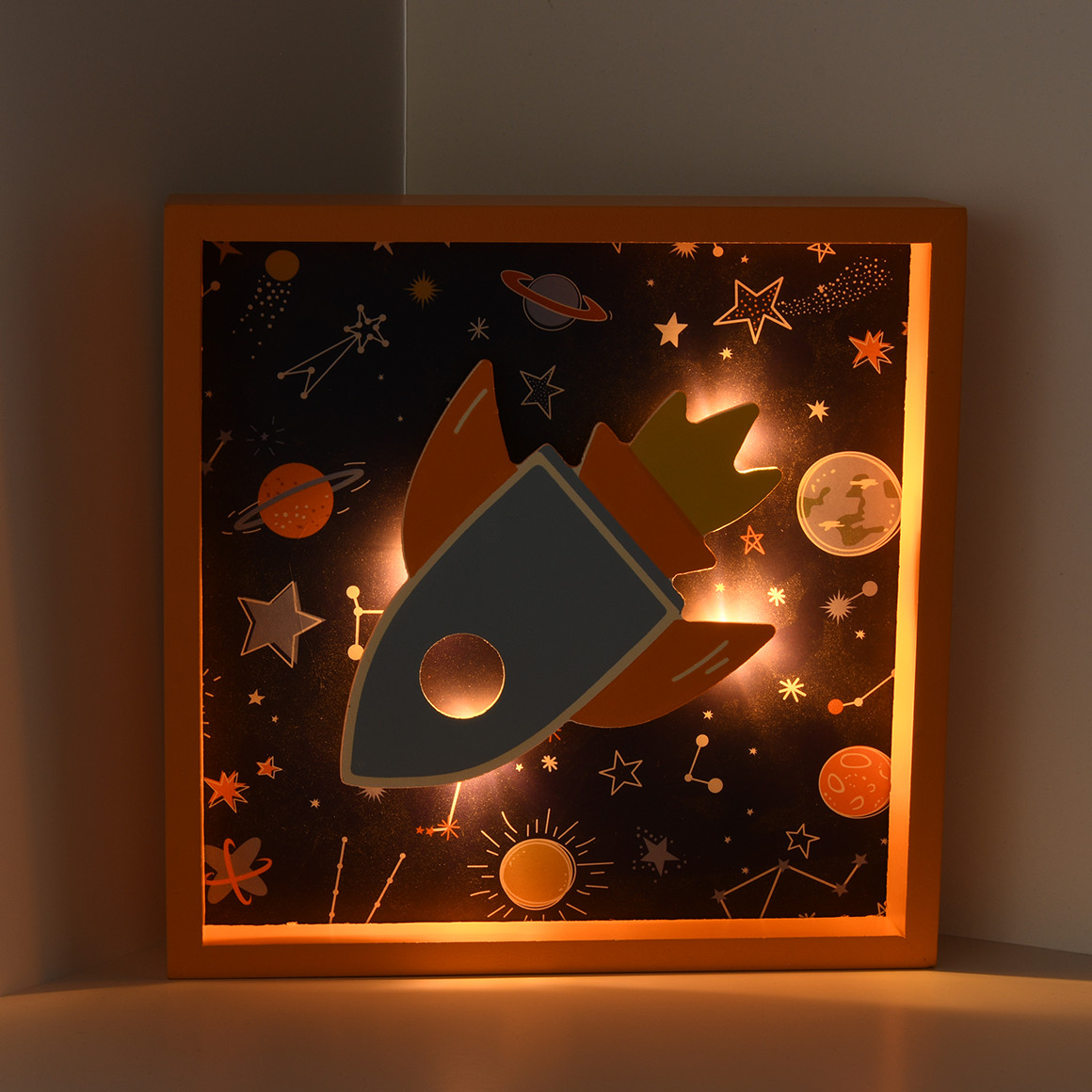 Topolino LED Bilderrahmen mit Weltraum-Motiv orange / dunkelblau / hellblau