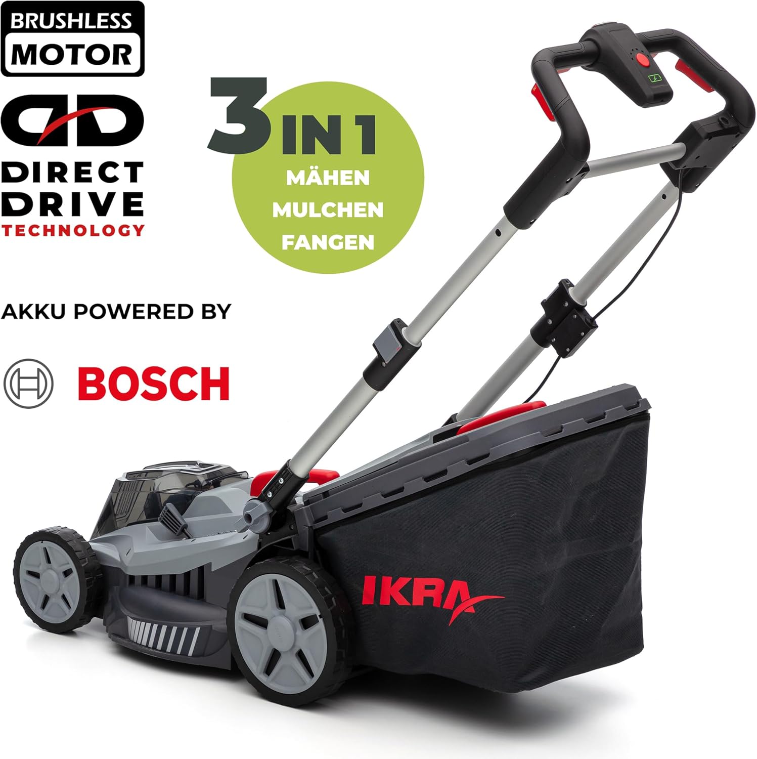 IKRA Bosch 36V Akku 3in1 Rasenmäher Mulchmäher IB-LM 43, Rasenflächen bis 600m², Schnittbreite 43cm, Schnitthöhe 30-75mm, ohne Akku & Ladegerät