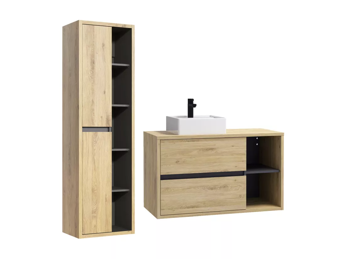 Meuble de salle de bain suspendu avec vasque carrée et colonne - Coloris naturel - 100 cm - PURNAL