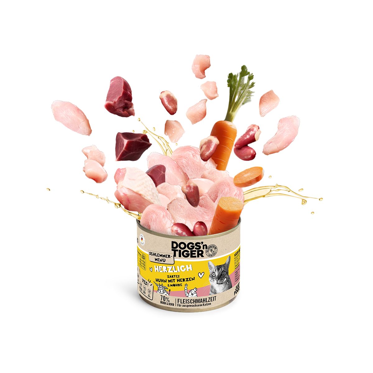 Dogs’n Tiger Adult, Katzenfutter, Herzlich, Nassfutter, Getreidefrei, Huhn, Rinderherzen & Karotte
