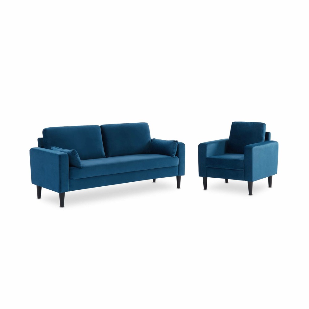 Fauteuil scandinave en velours bleu - bjorn - canapé 1 place fixe droit pieds bois