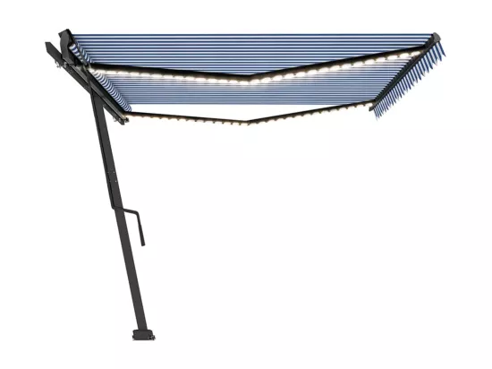 Auvent manuel rétractable avec LED 500x350 cm Bleu et blanc