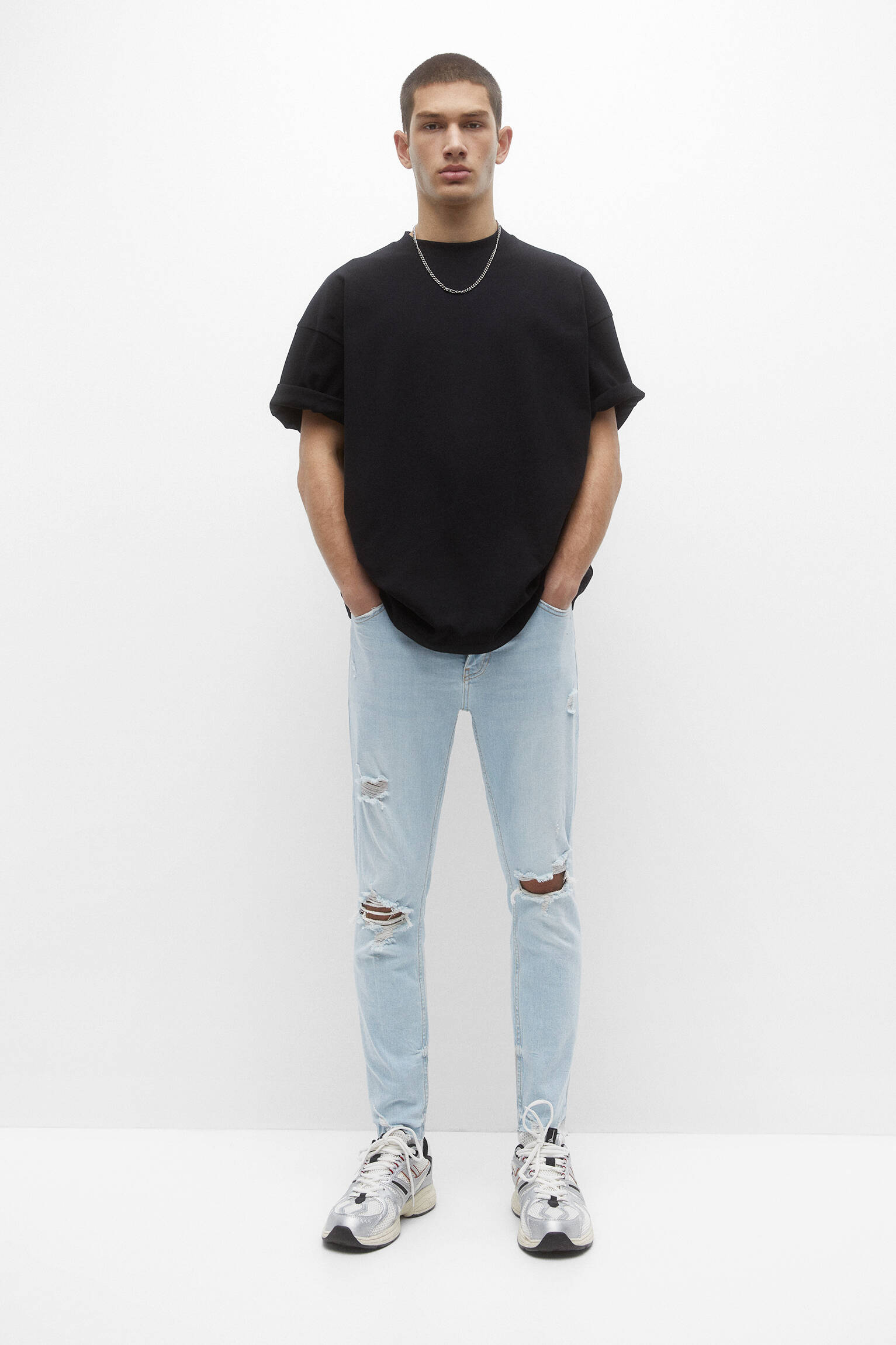 CALÇA JEANS SKINNY RASGADA - AZUL CLARO