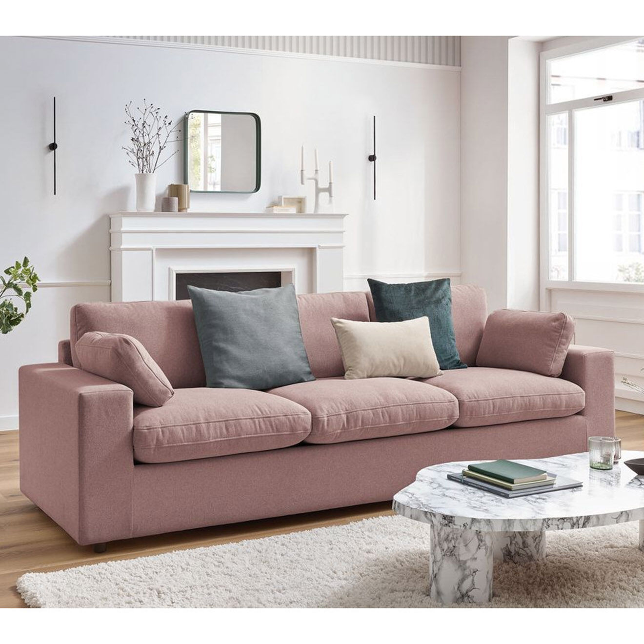 Bobochic Canapé droit fixe 3 places belair rose - 250x93x80 cm