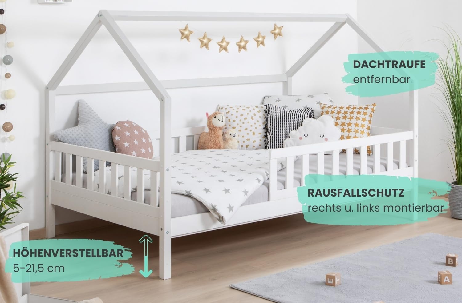 TiCAA 2 in 1 Bodenbett wandelbar mit abnehmbaren Dach 90x200 cm, 100x200 cm, 120x200 cm, 140x200 für Jungen & Mädchen, inkl. Rolllattenrost, Rausfallschutz variabel, weiß aus Kiefer Massivholz