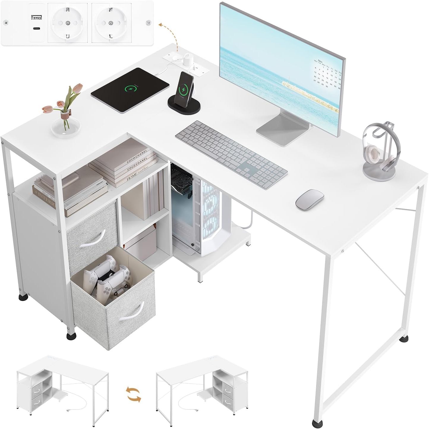 WOLTU Eckschreibtisch Weiß mit USB-A/C Steckdosen - 120x80x75cm Schreibtisch Computertisch + Wechselregal & Stromanschluss,