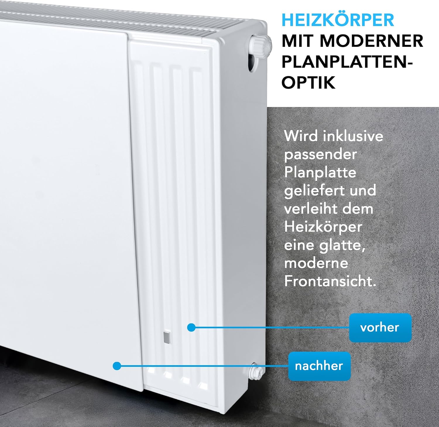 Belrad® Planheizkörper Typ 22 - glatt & plan, Universalheizkörper für Wandmontage, Mittelanschluss, inkl. Halter & Ventil, RAL 9016 reinweiß, 8 Anschlüsse 500x600 mm (HxB)