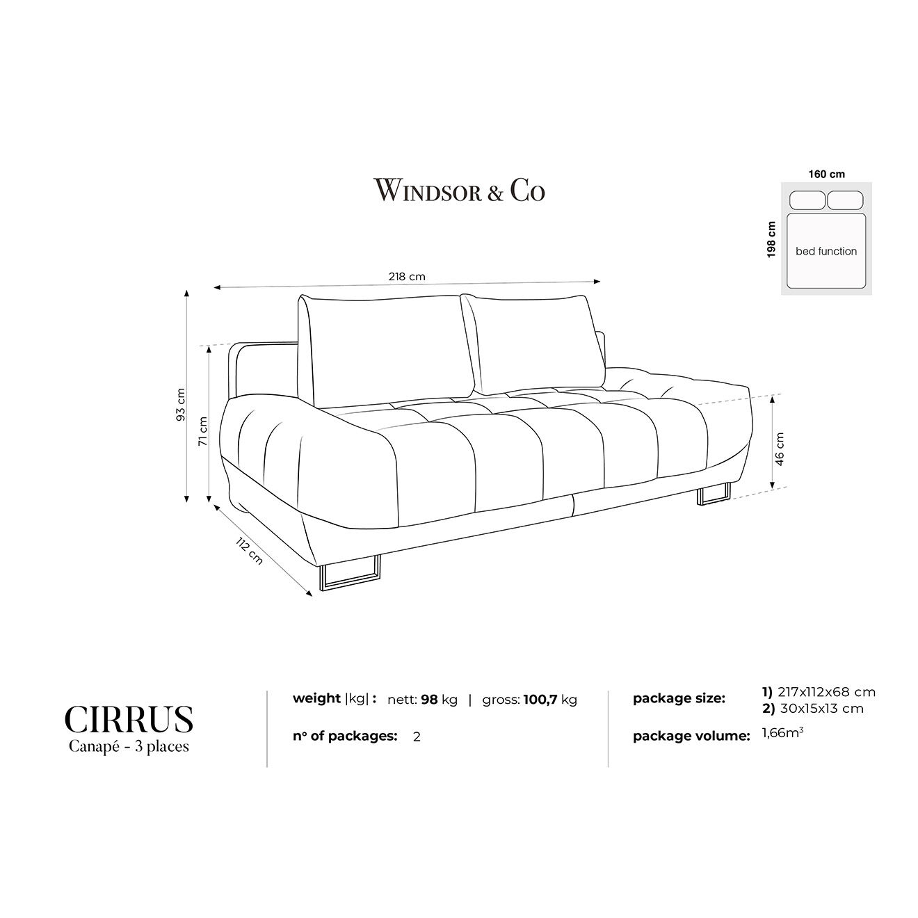Windsor & Co Canapé Velours convertible avec Coffre de Rangement Cirrus noir - 215x112x90 cm