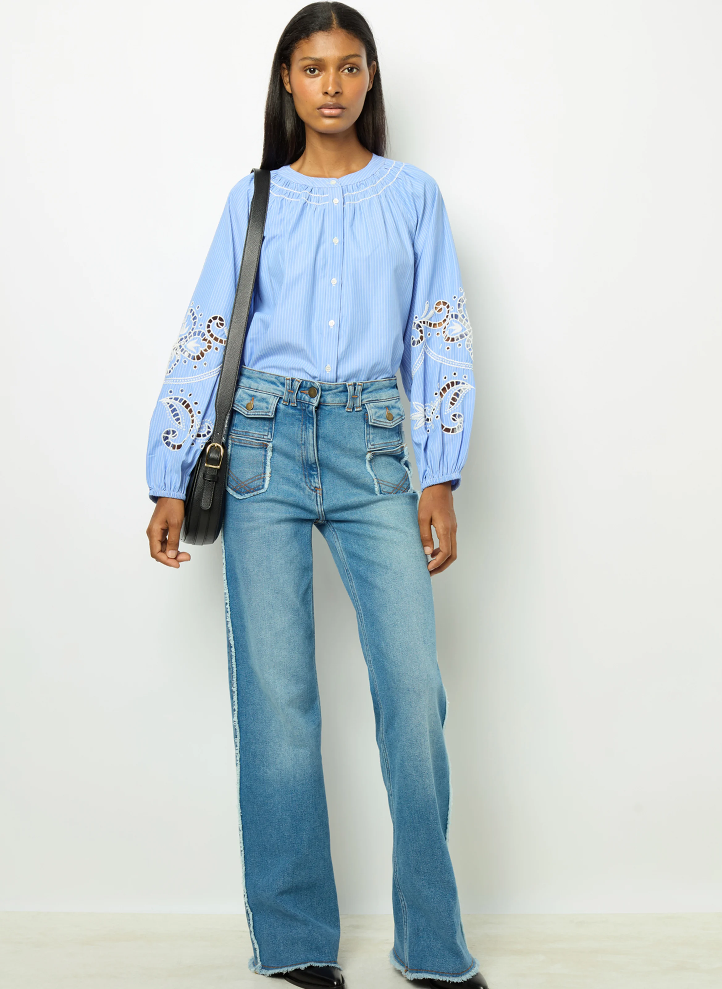 BETHSABEE - Chemise ample rayée et brodée| Bleu