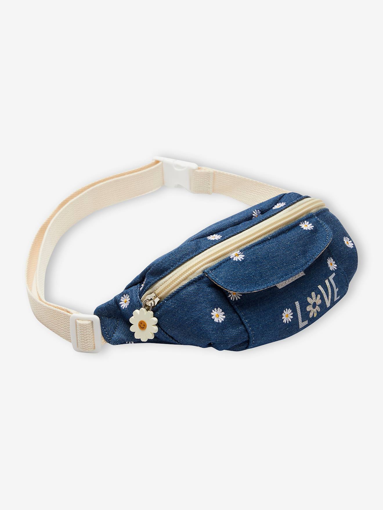 Pochete jeans com bordado para meninas, azul jeans