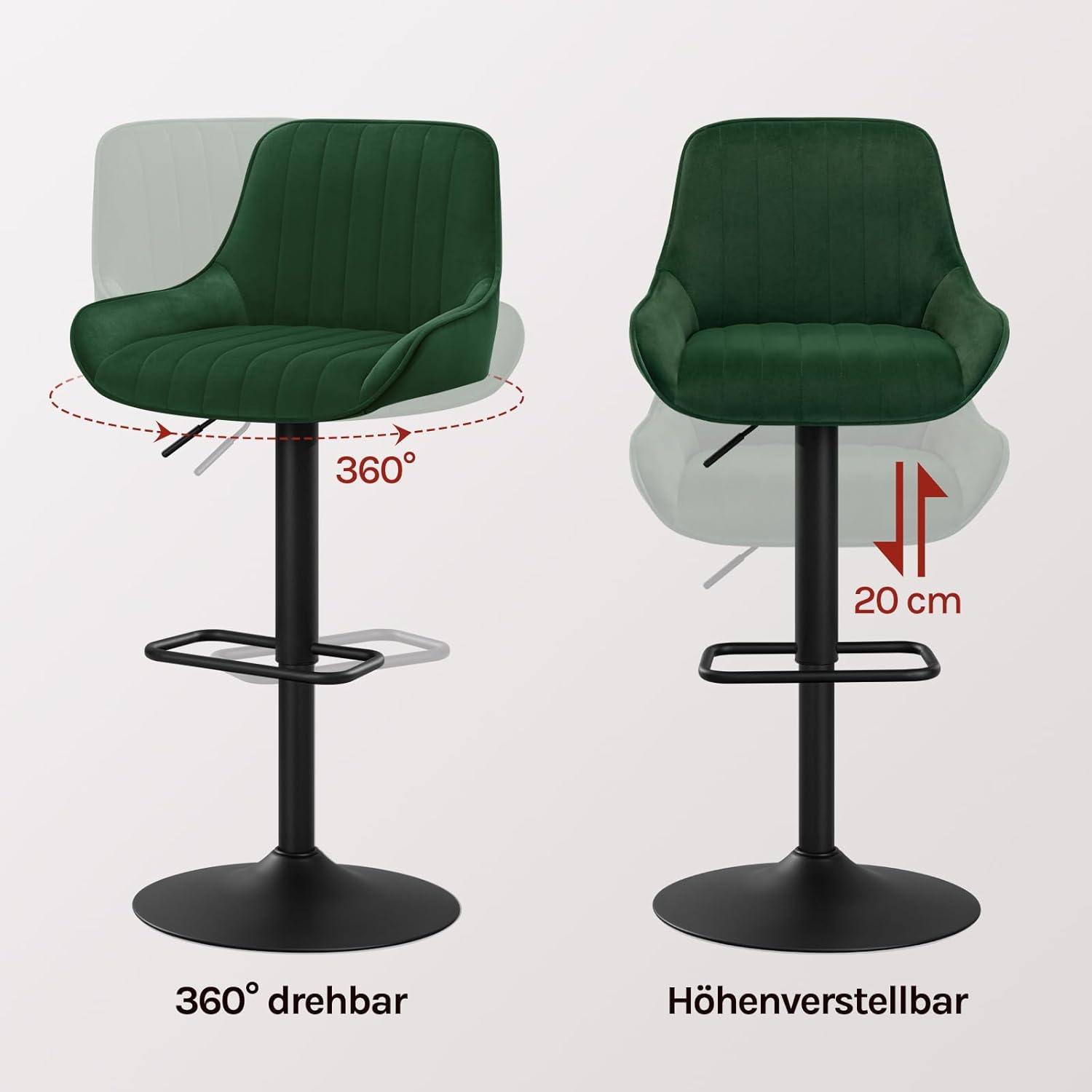 WOLTU Barhocker 2er Set, Höhenverstellbar und 360° Drehbar, Barstuhl mit Rückenlehne und Fußstütze, für Küche Bar Esszimmer, Milchzarter Plüsch, Dunkelgrün