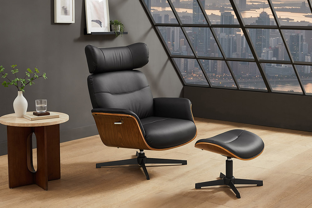 Drehbarer Sessel VOGUE COMFORT schwarz Kunstleder braun Walnuss-Design mit Armlehne