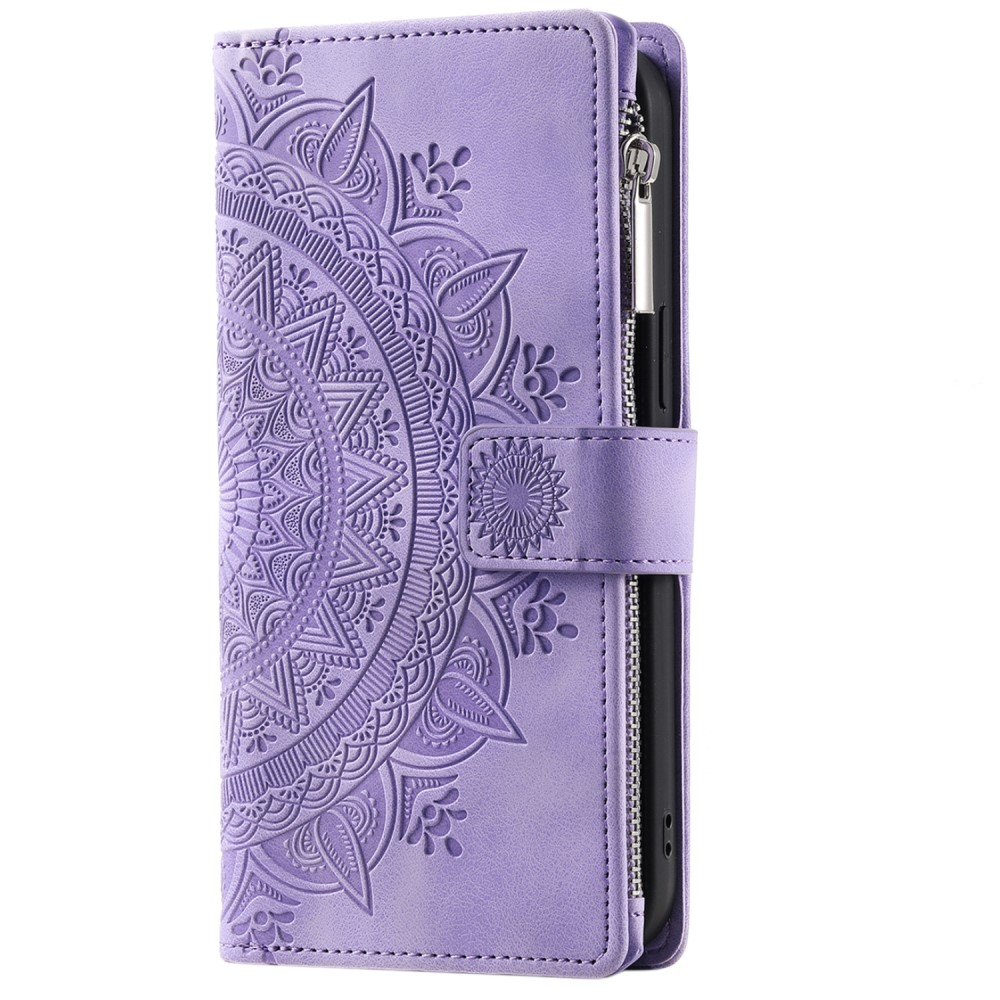 iPhone 16 Pro Leder Tasche Flip Cover mit Reissverschluss - Mandala Flowers Imprint - Lila