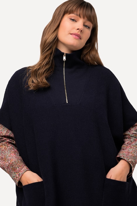 Poncho, Troyerkragen, Zipper, Oversized, Halbarm