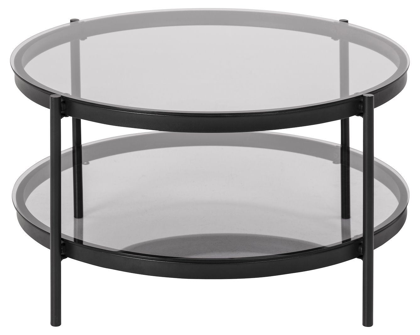 Bayonne sofabord Ø79cm. Røkt glass med hylle og sortlakkert stålunderstell.