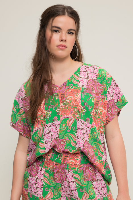 Blusenshirt, oversized, Patchprint, V-Ausschnitt