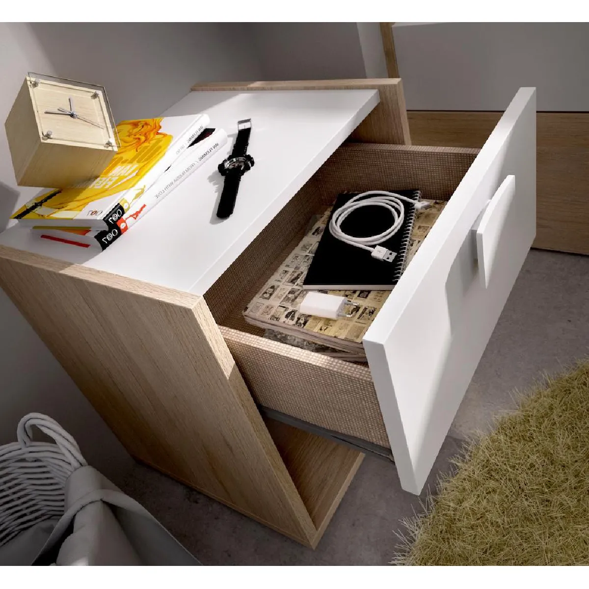 pegane Table de Nuit Enfant Chêne/Blanc