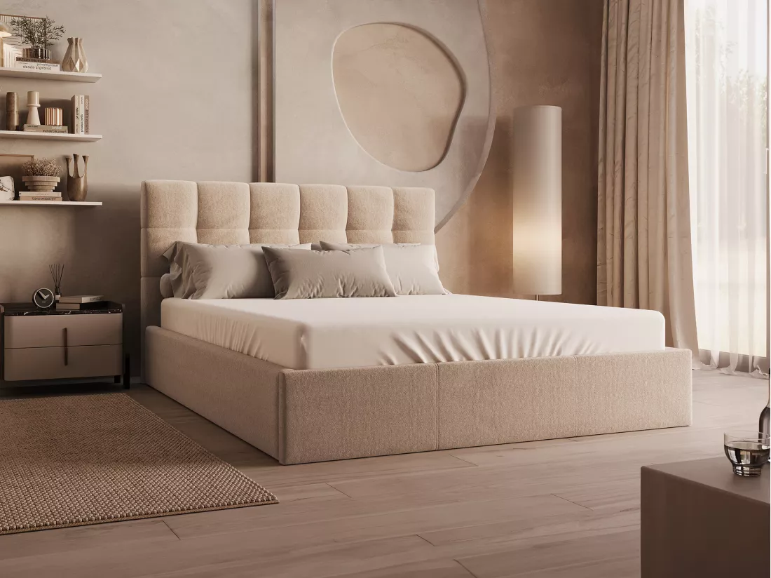 Lit coffre 160 x 200 cm - Velours - Beige + Matelas - MIRDAL de Pascal Morabito