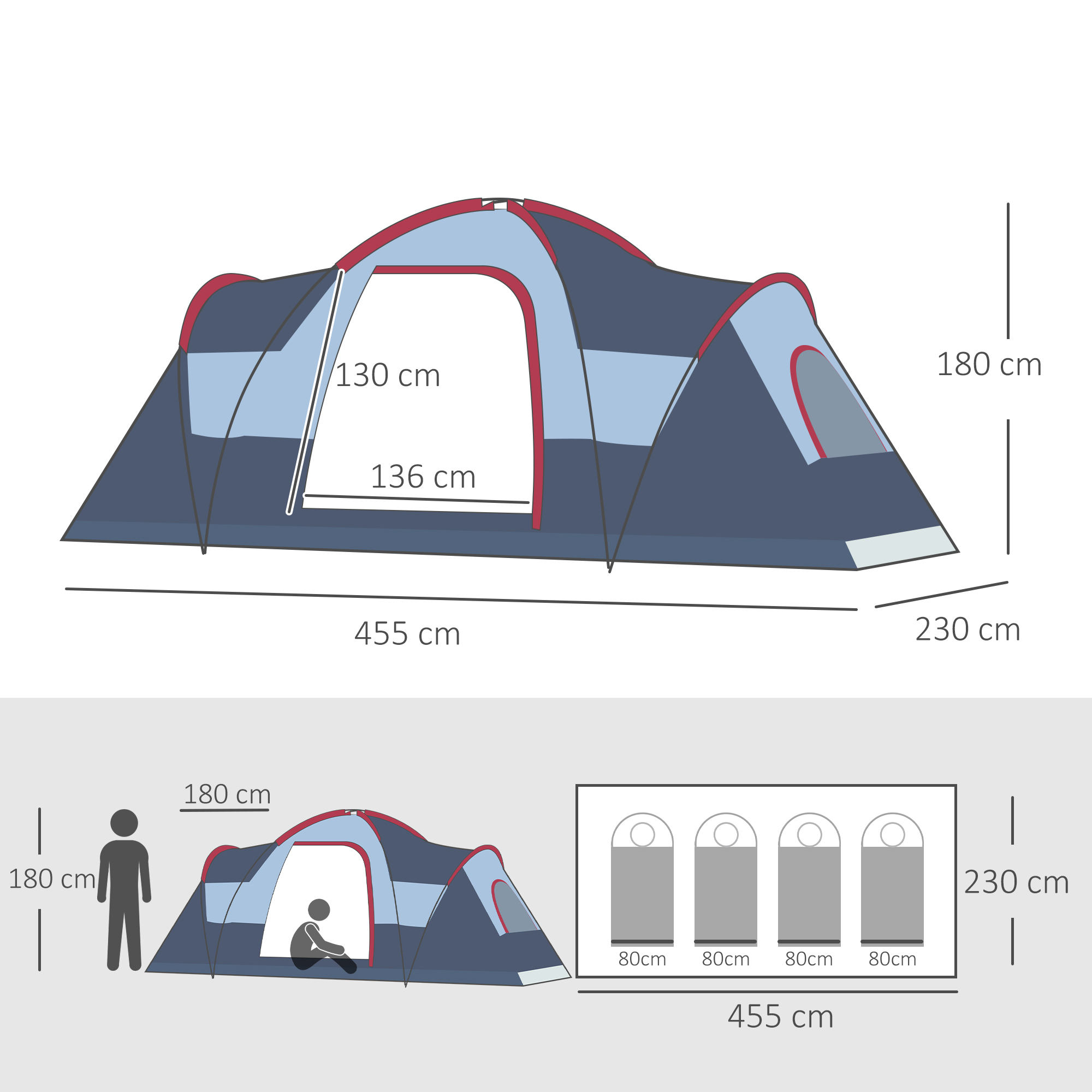 Barraca de camping grande Outsunny cinza com bolsa de transporte