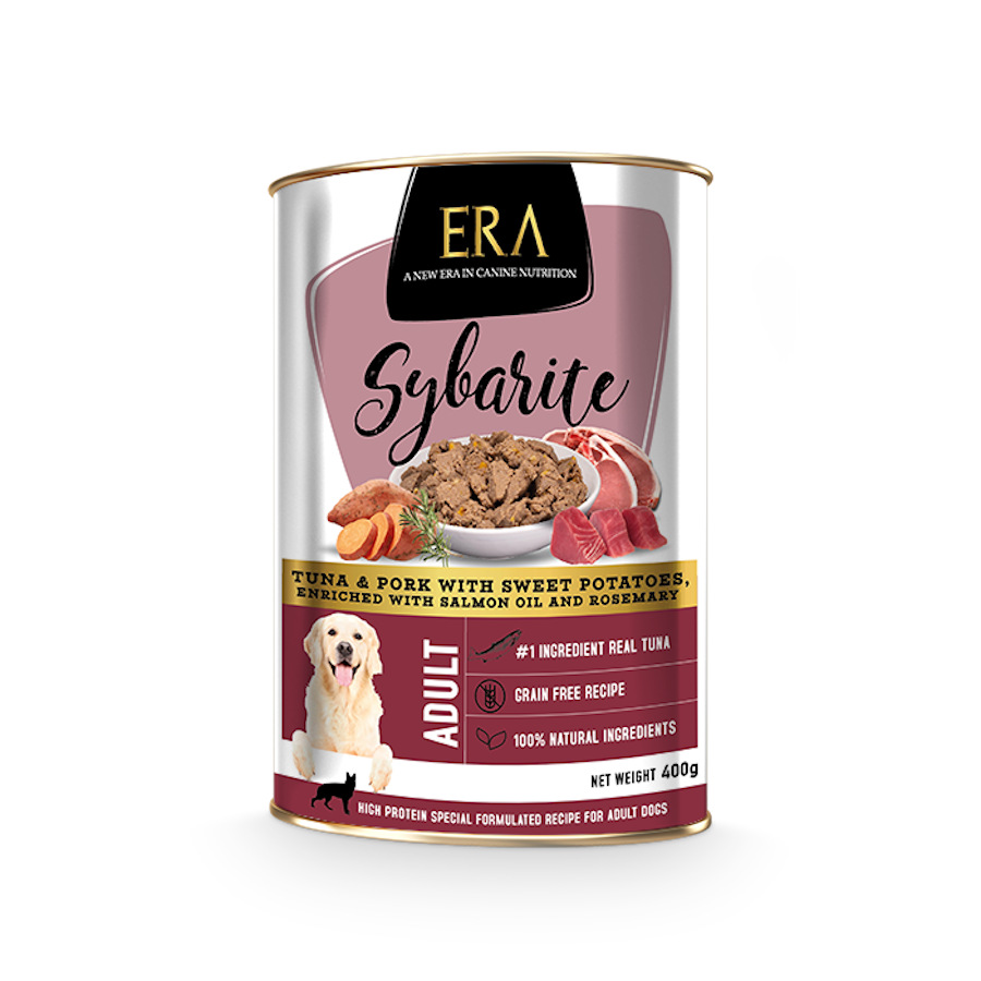 Patê Era Sybarite Adult de Atum, Carne de Porco e Batata-Doce em Lata para Cães