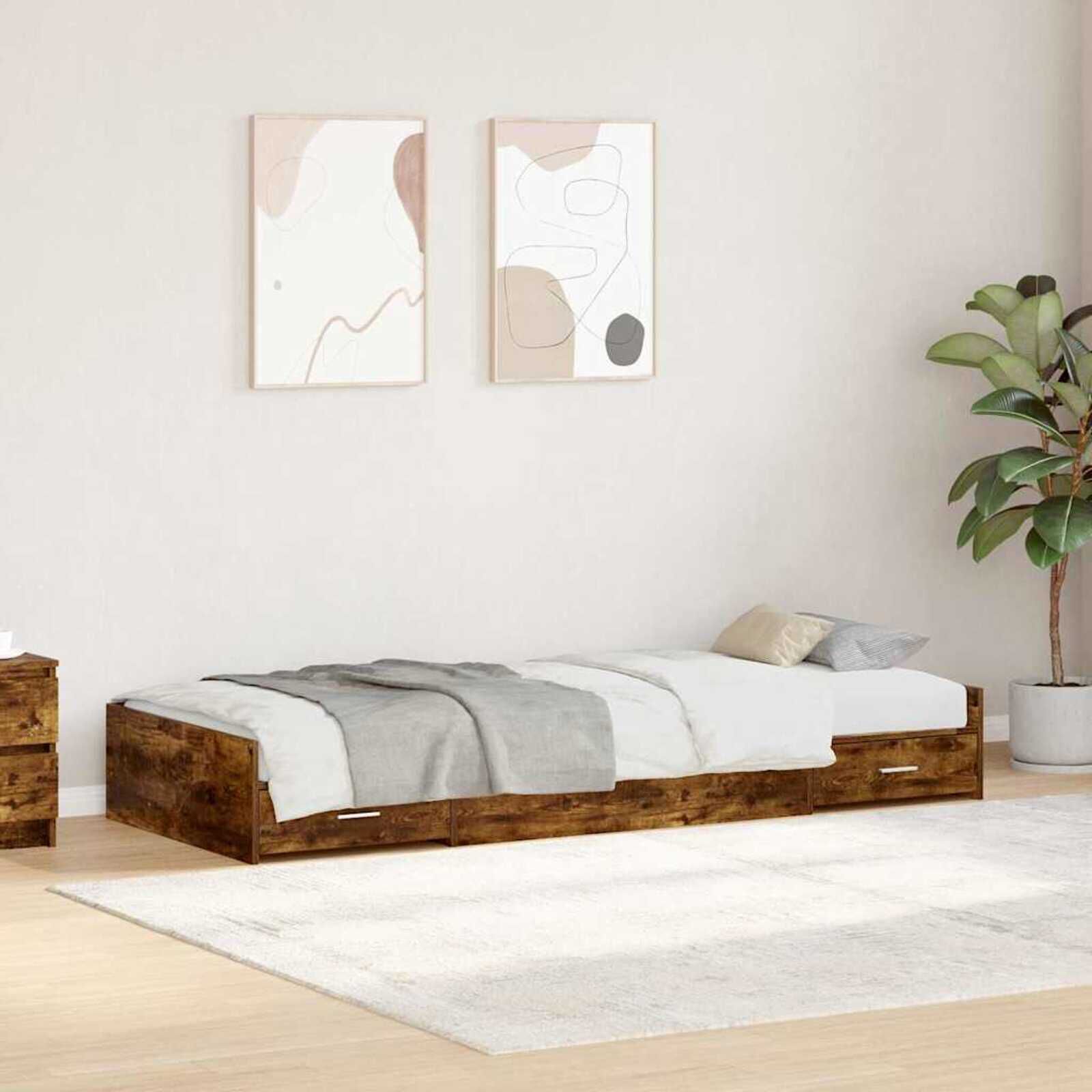 Bedframe van gerookt eikenhout met opbergruimte 75 x 190 cm