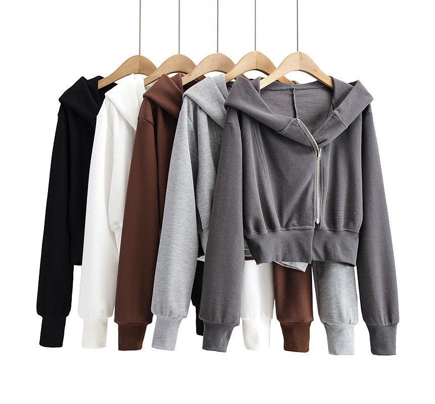 Sundine - Effen cropped hoodie met wafelstructuur en rits