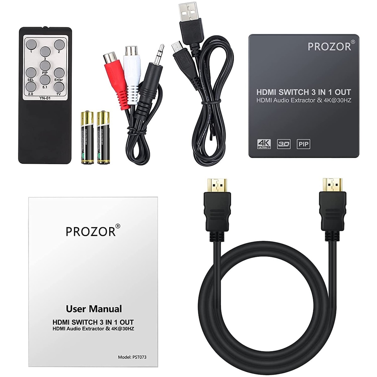 NÖRDIC HDMI-svitsj 3 til 1 4K30Hz 3D PIP med lydavtrekk 1xOptisk toslink 1x stereo 3,5mm