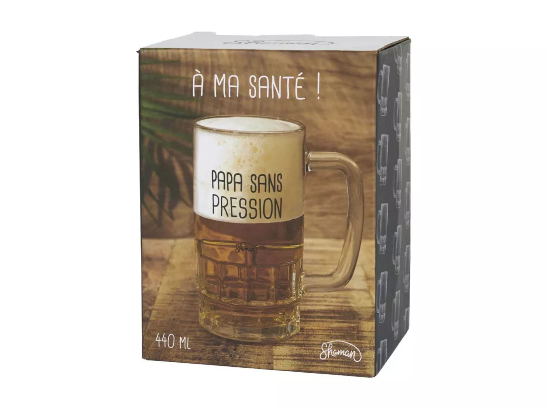 Chope à bière en verre Humour 440 ml Papa sans pression