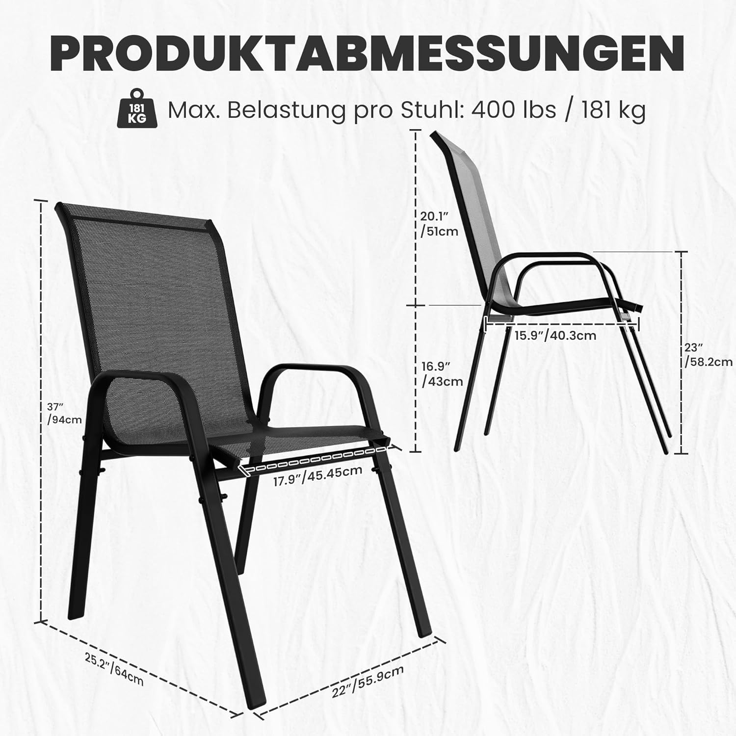 ALAULM Hochlehner Gartenstühle 4er Set Stapelbar, Wetterfeste Terrassenstühle mit Armlehnen, Atmungsaktives Textilene & Stahlgestell für Garten, Balkon, Terrasse, Poolbereich (Schwarz)