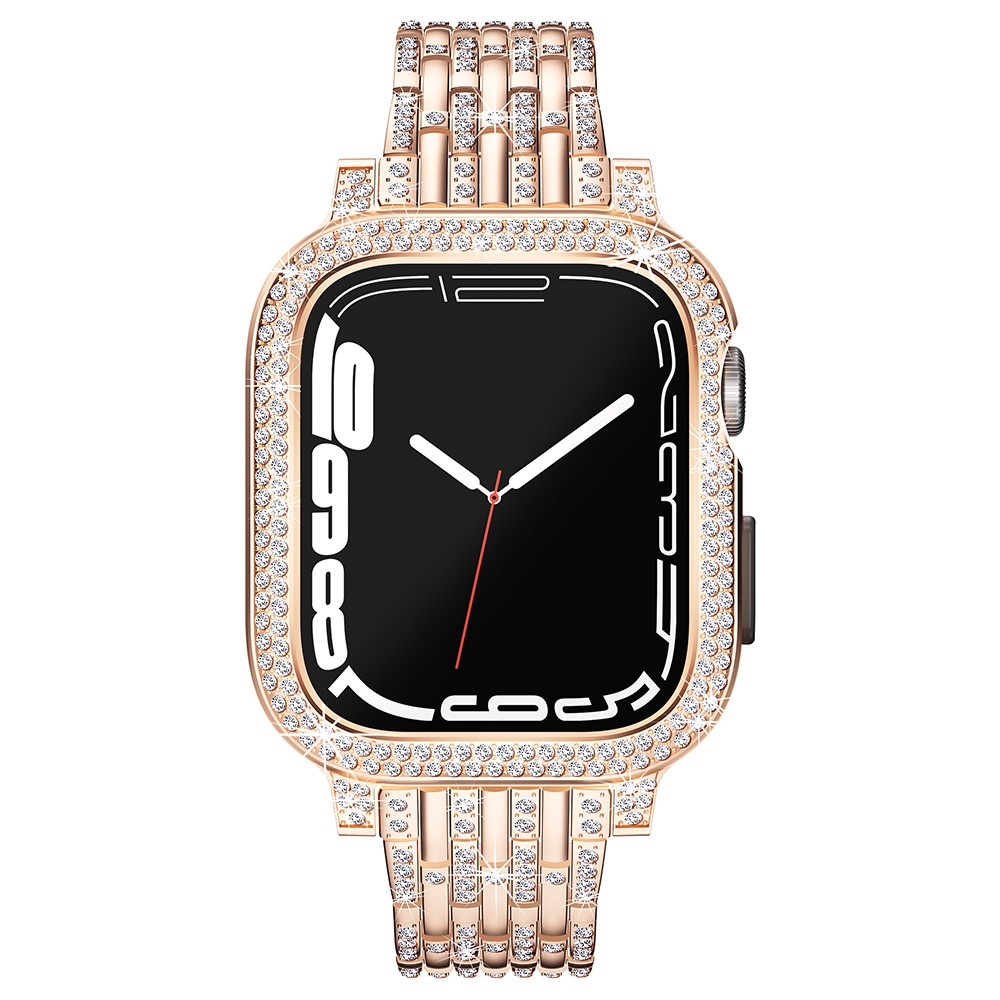 Apple Watch Series 9 / 8 / 7 (45mm) Glitzer Edelstahl Armband mit Bumper Hülle - Roségold