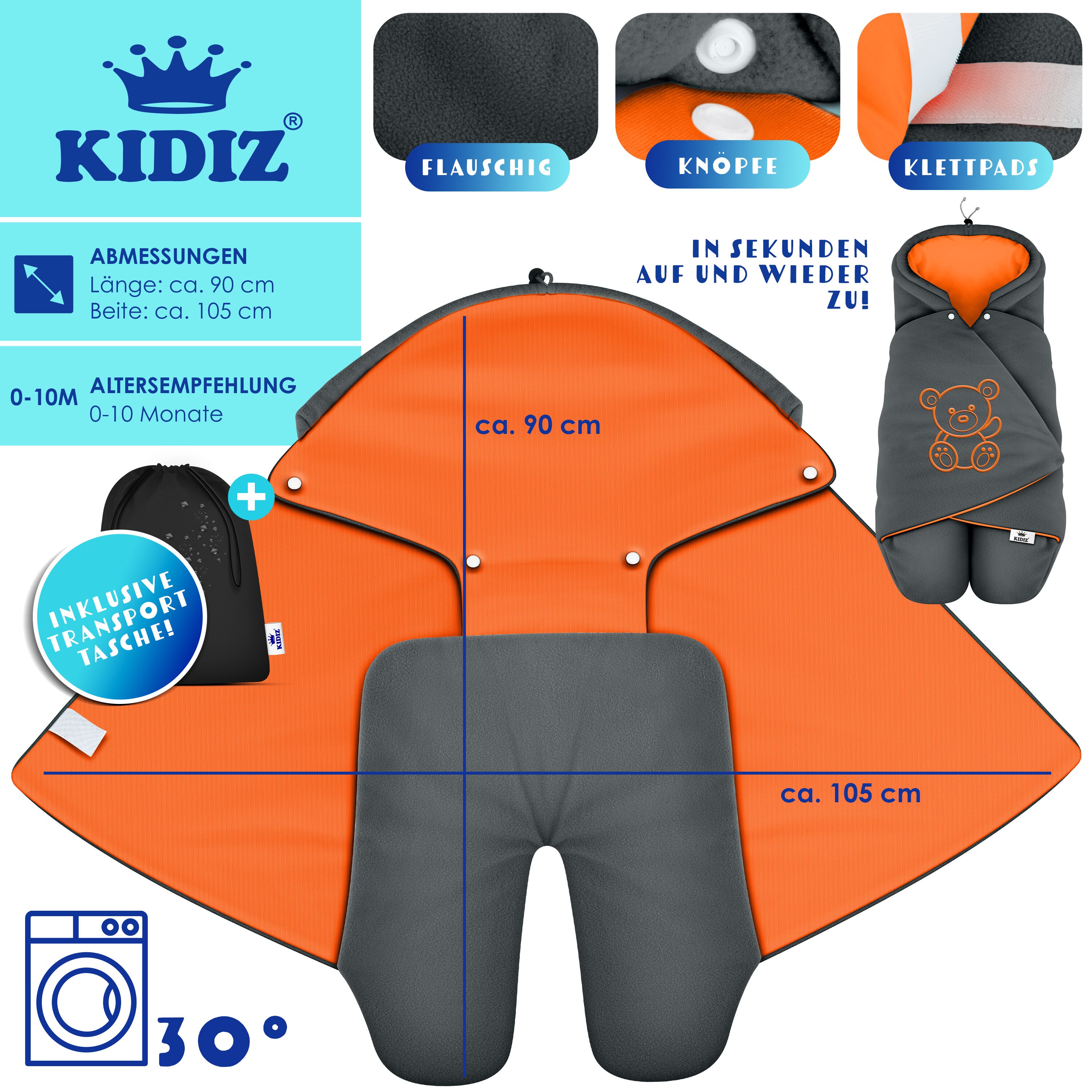 KIDIZ® Baby Einschlagdecke Winter mit Kapuze +Tasche Babyeinschlagdecke Universal für Babyschale, Autositz, z.B. für Maxi-Cosi, Römer für Buggy Babybett Kinderwagen & alle Gurtsysteme 3 & 5-Punkt Gurt