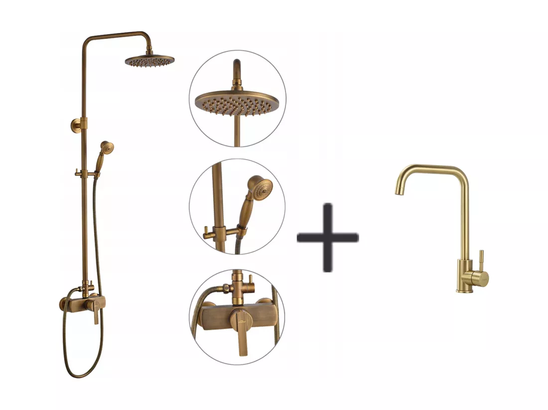 Auralum Max Colonne douche en laiton Bronze Rétro,Douche avec Mitigeur Mécanique,Hauteur Réglable+Mitigeur Cuisine en Inox,Rotatif à 360°,Doré Brossé