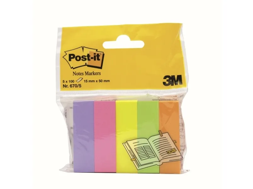 Indexfaner Post-it® 15x50 mm neon farver (5x100 stk.)