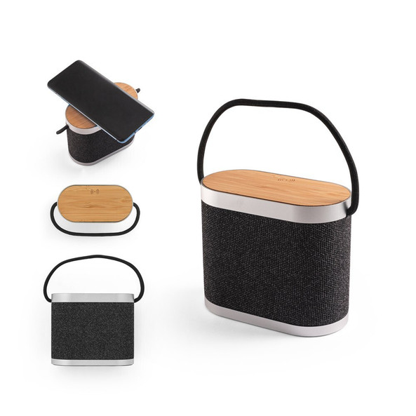 hi!dea 97183 - Enceinte portable de 5 W avec chargeur sans fil ultra-rapide de 15 W et autonomie de 2 h en bambou et PET recyclé (100 % rPET)