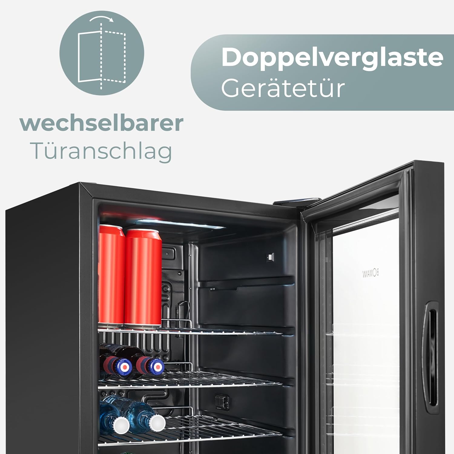 Bomann® Kühlschrank mit Glastür – Flaschenkühlschrank 63 L | Platz für bis zu 89 Dosen (0,33 l) | Getränkekühlschrank für Bier, Party & Büro | 74 cm | LED-Beleuchtung | leise | 4 Ablagen | KSG 7515