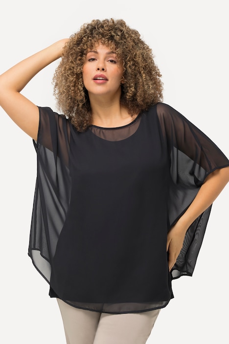 Chiffonbluse, Oversized, Rundhals, Halbarm