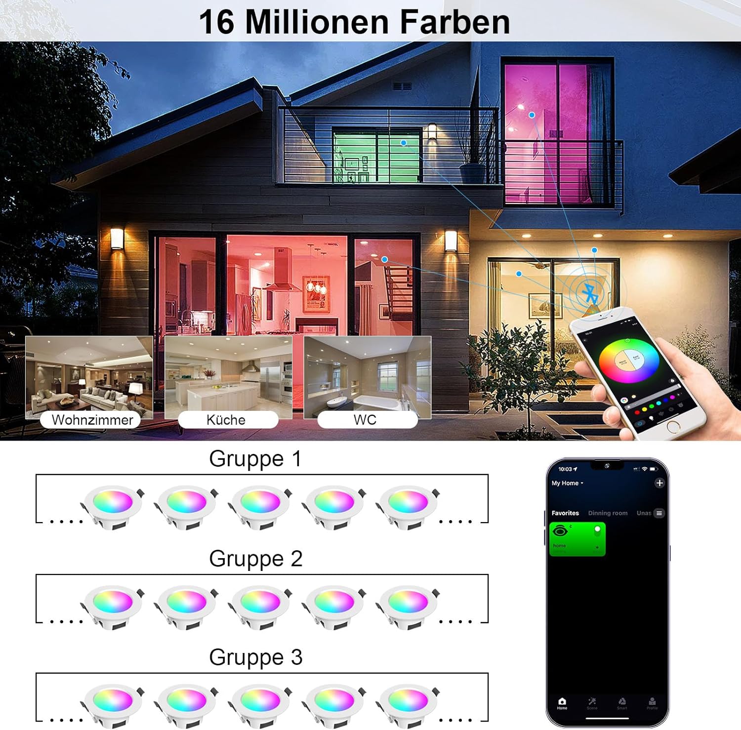 10er WIFI Bluetooth 9W Intelligent LED Einbaustrahler Downlight RGBIC+Warmweiß/Kaltweiß/Weiß 5 in 1 Einbauleuchte Spot Dimmbar 230V Einbauleuchten mit Fernbedienung,Smart Bridge