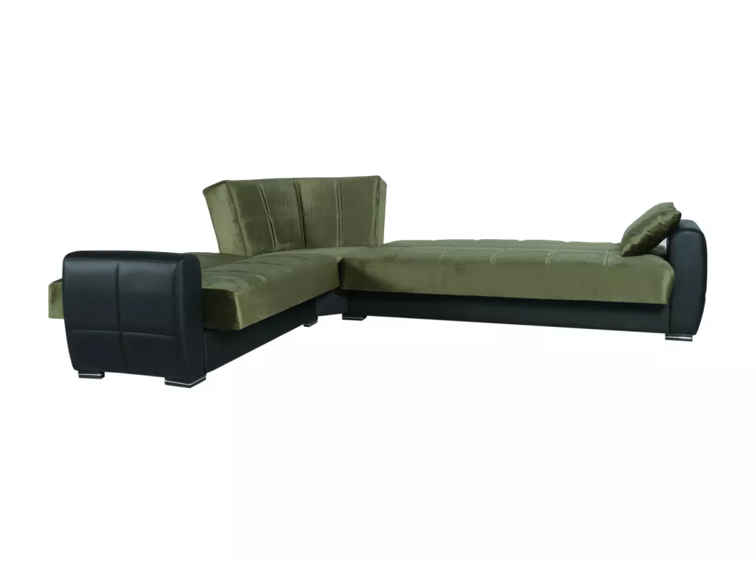 Canapé Matias, Canapé d'angle avec rangement en éco-cuir et tissu, Canapé de salon avec ouverture clic-clac et péninsule réversible, 305x238h91 cm, Noir et Vert