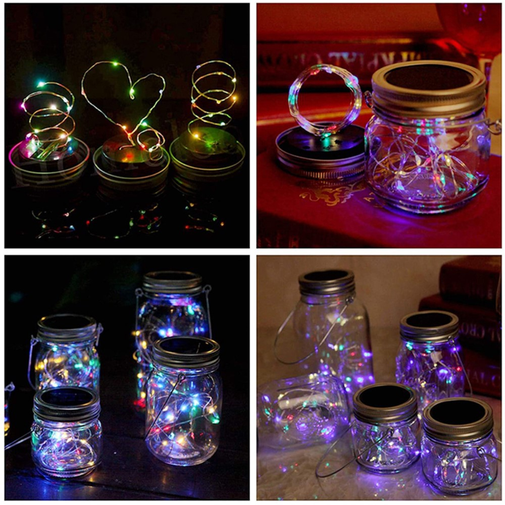 (6er Set) Ø7cm 20 LED's Solar Glas Laterne Flaschenlicht Deckel Outdoor Deko Beleuchtung   Aufhängehaken - Bunt