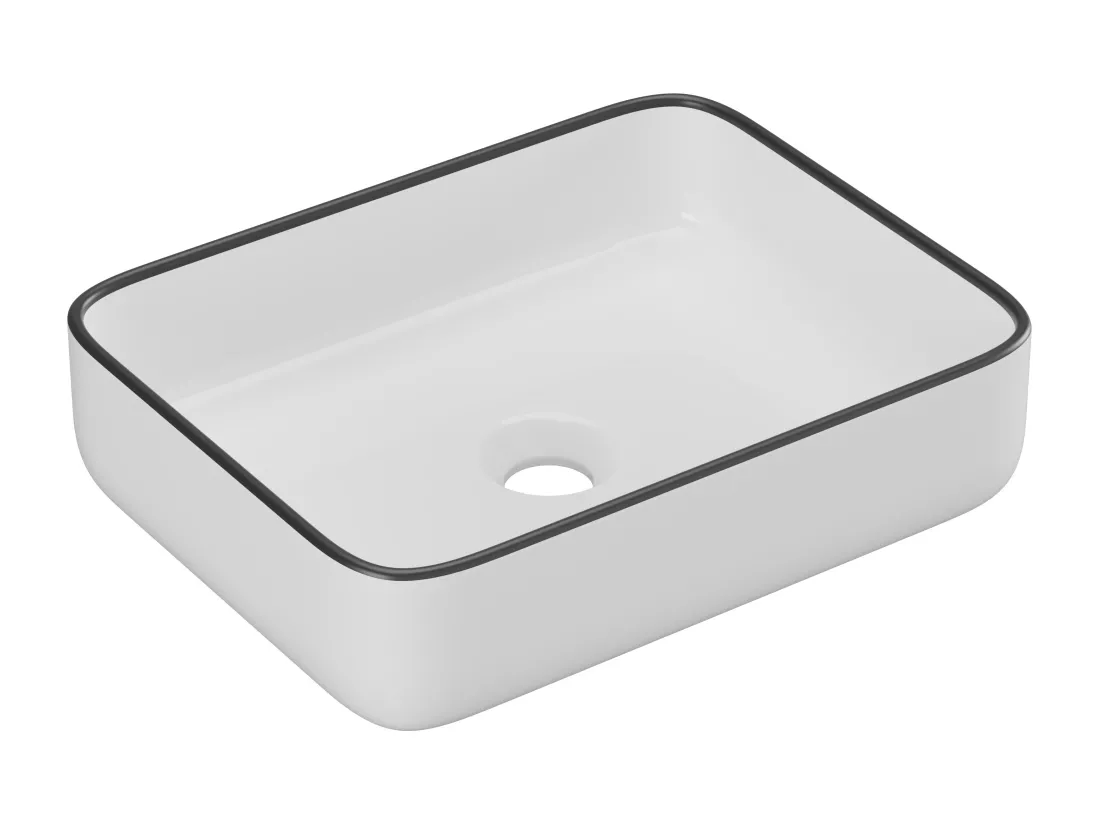 Vasque à poser rectangle en céramique - Blanc avec liseré noir - 50 x 39 cm - JUNIKO II