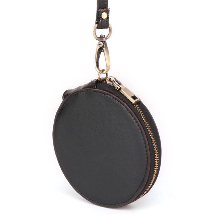 (Ø115mm) Leder Münzen Geldbörse Vintage Geldbeutel Portemonnaie mit Handschlaufe - Schwarz