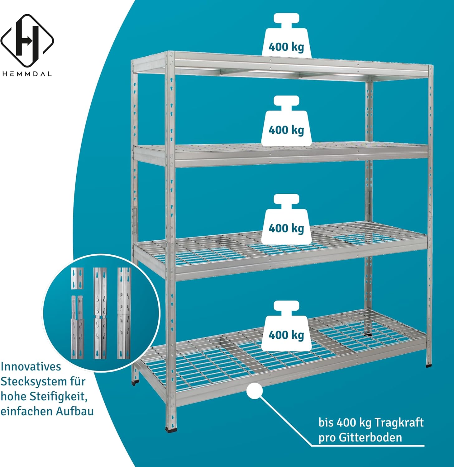 Outdoor-Weitspannregal - 1.200 kg Tragkraft - HxBxT 180 x 150 x 60 cm - Steckregal mit 4 höhenverstellbaren Böden - 400 kg max. Fachlast - TÜV geprüft - Schwerlastregal aus verzinktem Stahl